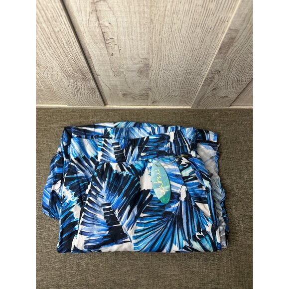 Tropic Goddess Women Large Blue Tropical Leaf Print Cruise Beach Wide-Leg Pants - Picture 4 of 7